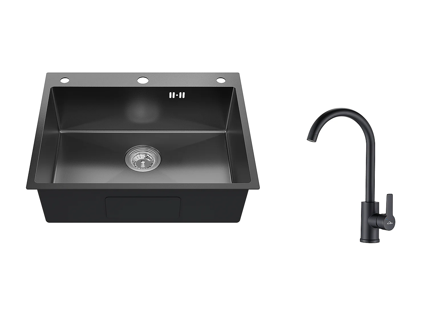 Auralum max Évier Cuisine à Encastrer,1 Bac,60*49*20CM,Acier inoxydable 304,Noir+Mitigeur Cuisine Pivotant à 360°,Barboteur Démontable,Noir