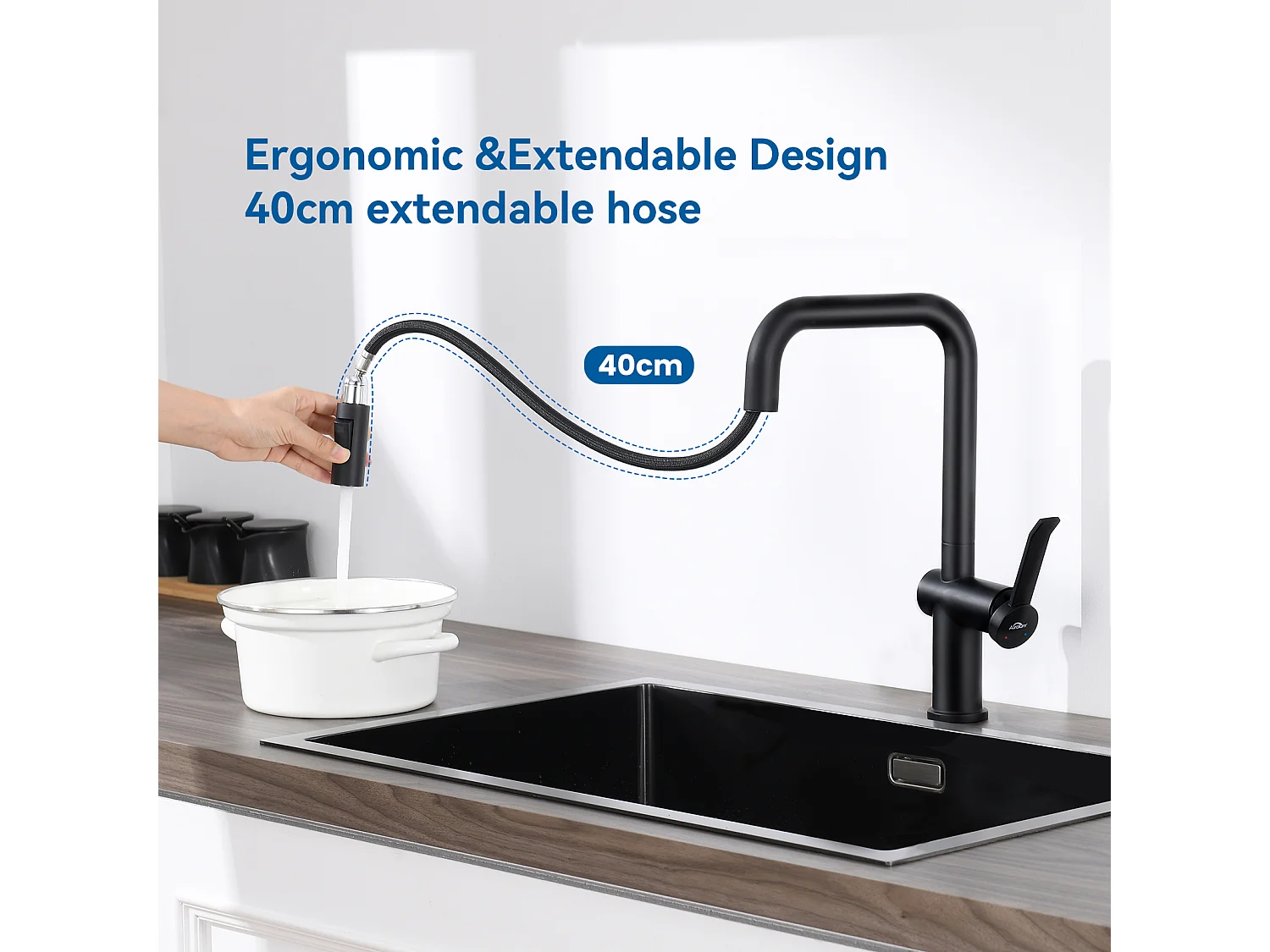 AuraLum Max Einzelbecken-Küchenspüle Grau-Schwarz, Edelstahl, 44*49*20 CM, mit Seifenspender + ausziehbarer Zweifunktions-Küchenarmatur, Schwarz, EU-Modell