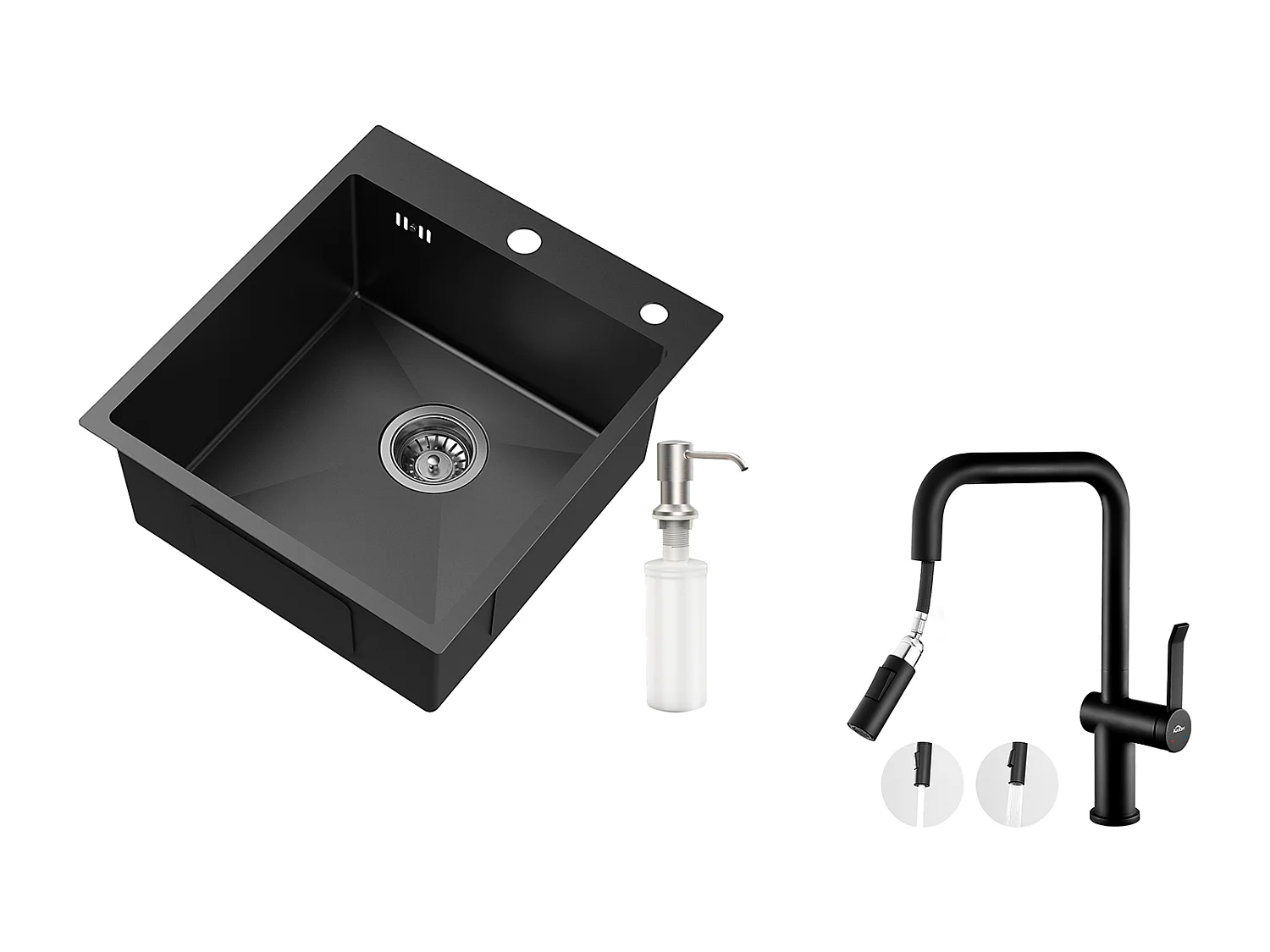 AuraLum Max Évier Cuisine 1 Bac Gris-Noir,Inox,44*49*20 CM,avec Distributeur Savon+robinet de cuisine rétractable à deux fonctions, Noir,EU Modèle