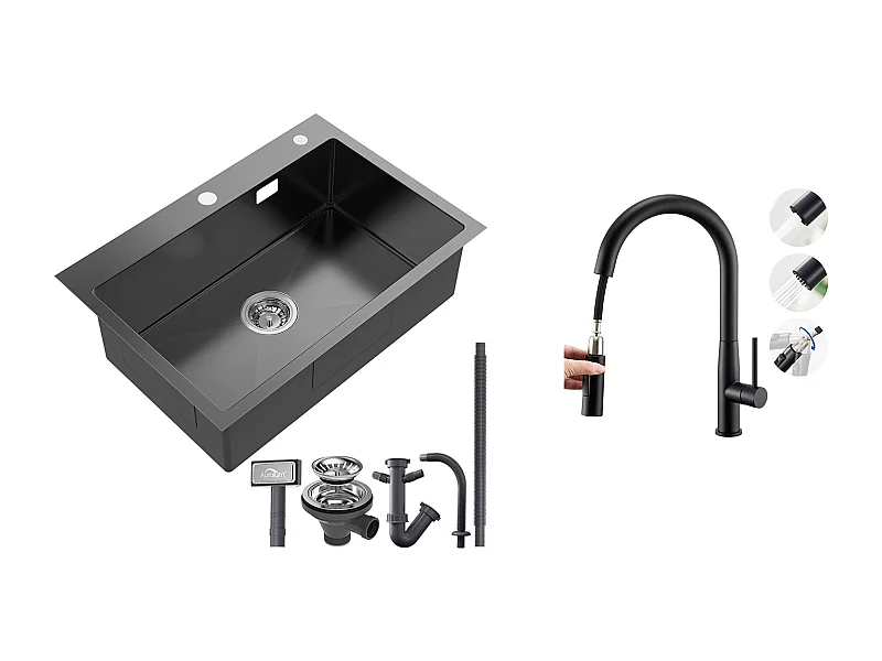 Évier Cuisine 1 Bac InoxNoir 65x45CM,encastré/à Poser+Robinet Cuisine avec Douchette Extractible,Pivotant 360°,Bec en Forme U,Noir