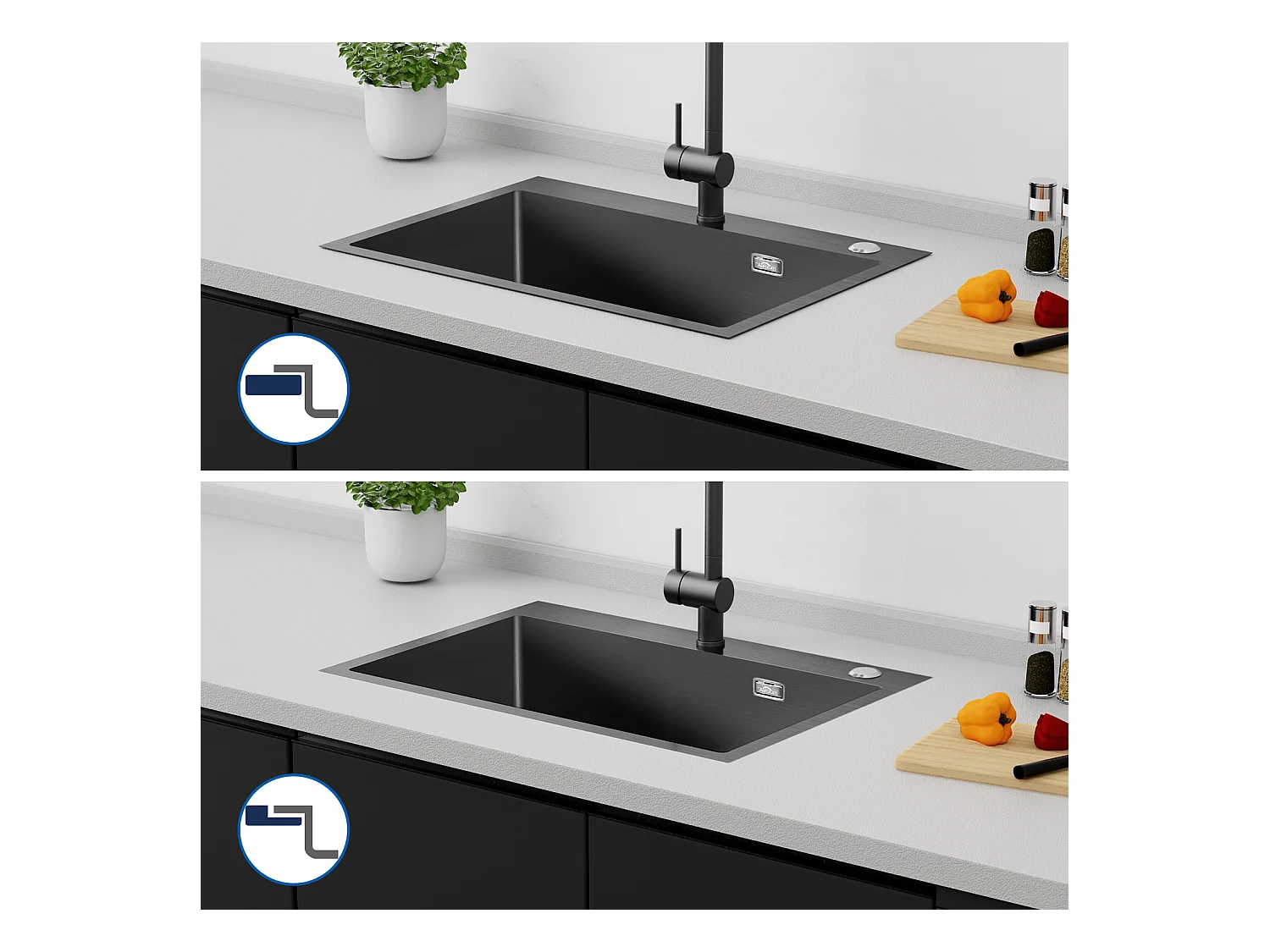 Aanrecht 1 bak RVSZwart 65x45CM, inbouw/opzetbaar+keukenkraan met uittrekbare handdouche, 360° draaibaar, U-vormige uitloop, zwart