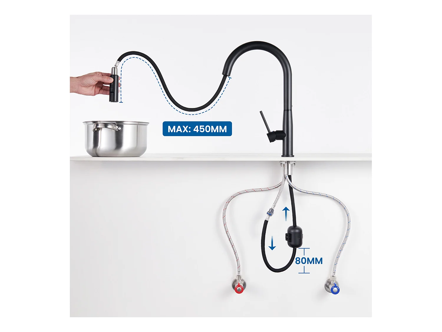 Aanrecht 1 bak RVSZwart 65x45CM, inbouw/opzetbaar+keukenkraan met uittrekbare handdouche, 360° draaibaar, U-vormige uitloop, zwart