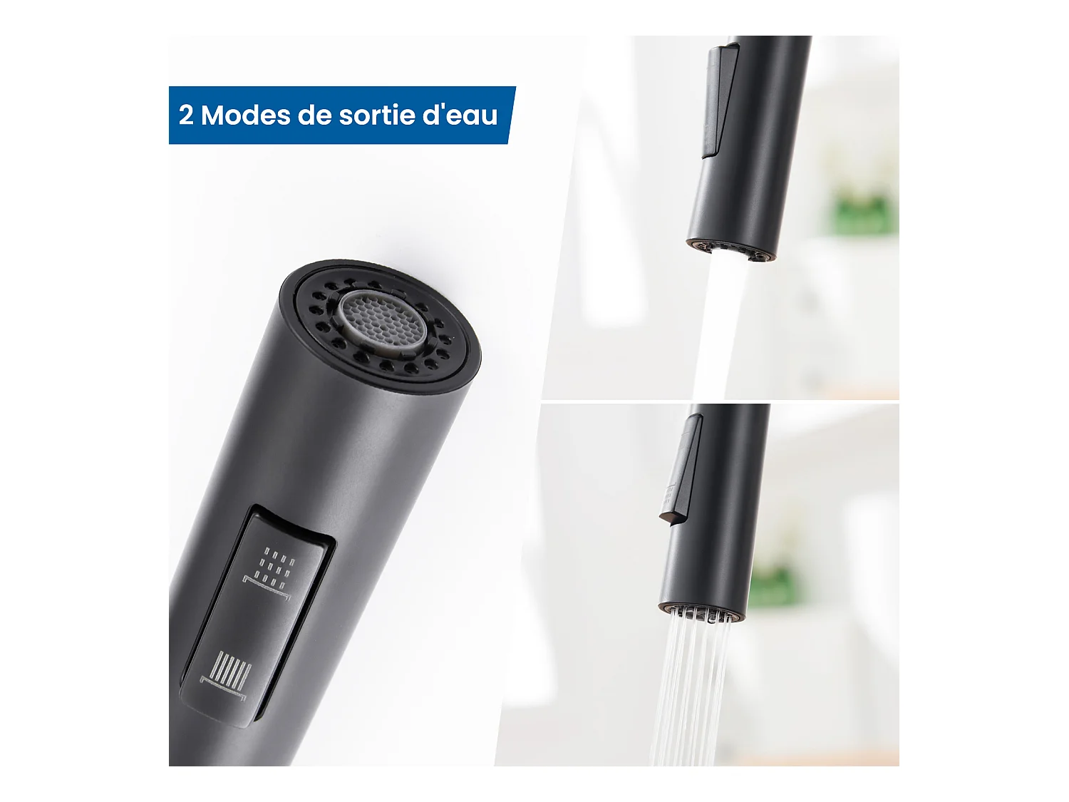 Aanrecht 1 bak RVSZwart 65x45CM, inbouw/opzetbaar+keukenkraan met uittrekbare handdouche, 360° draaibaar, U-vormige uitloop, zwart