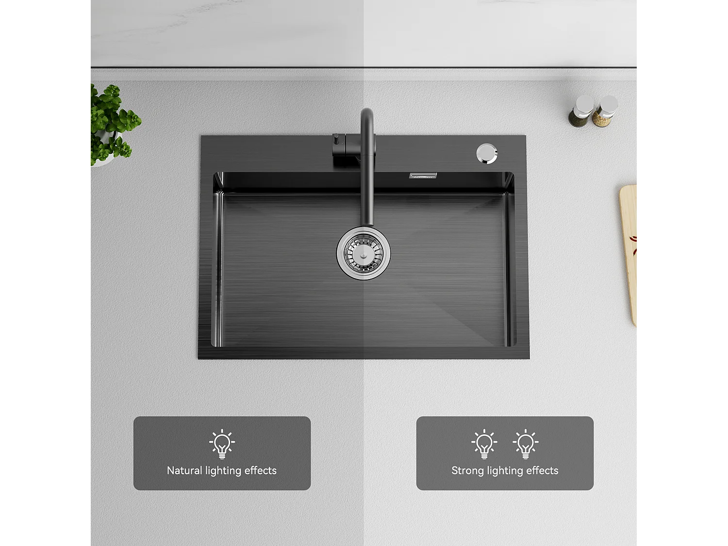 Aanrecht 1 bak RVSZwart 65x45CM, inbouw/opzetbaar+keukenkraan met uittrekbare handdouche, 360° draaibaar, U-vormige uitloop, zwart