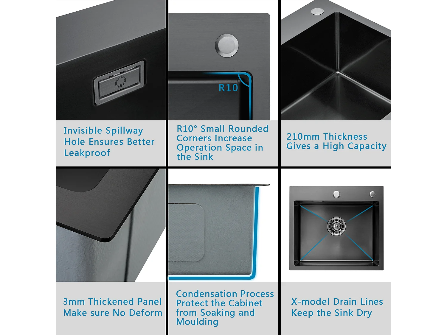 Cecipa max keukenspoelbak 1 kom 50×45×18,5 cm roestvrijstalen spoelbak met sifon en overloop, onderbouw spoelbak roestvrijstalen spoelbak, EU-model
