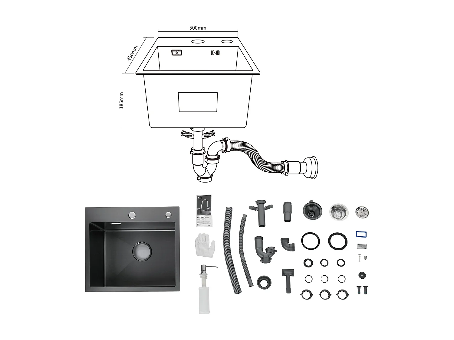 Cecipa max keukenspoelbak 1 kom 50×45×18,5 cm roestvrijstalen spoelbak met sifon en overloop, onderbouw spoelbak roestvrijstalen spoelbak, EU-model