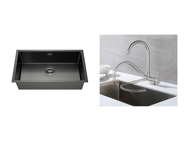 Becken Küchenspüle 74*44*20CM, Gebürsteter Edelstahl mit Siphon und Überlauf + 304 Edelstahl Küchenmischbatterie, 360° schwenkbar, Zusammenklappbar