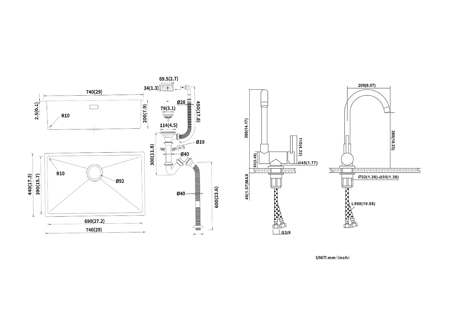 Becken Küchenspüle 74*44*20CM, Gebürsteter Edelstahl mit Siphon und Überlauf + 304 Edelstahl Küchenmischbatterie, 360° schwenkbar, Zusammenklappbar