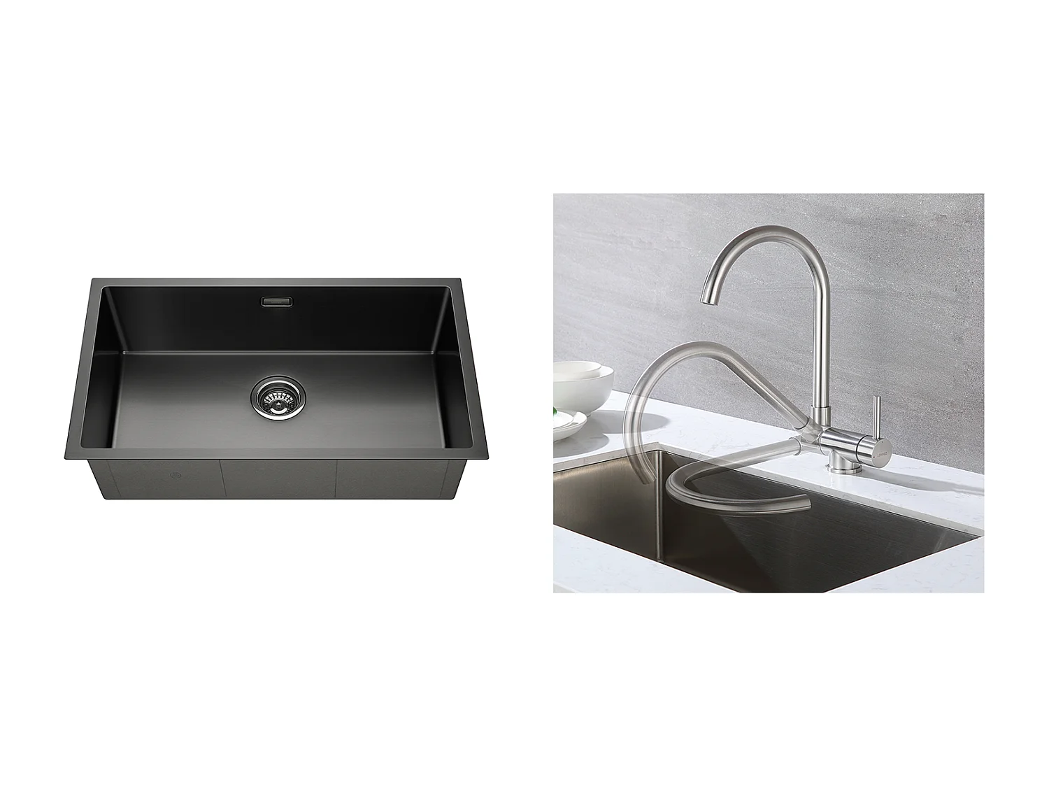 Fregadero Cocina 1 Bandeja 74*44*20CM,Inoxidable Cepillado con Sifón y Trop-Plein+Mezclador Cocina de Acero InOx 304 Plegable Girando 360°