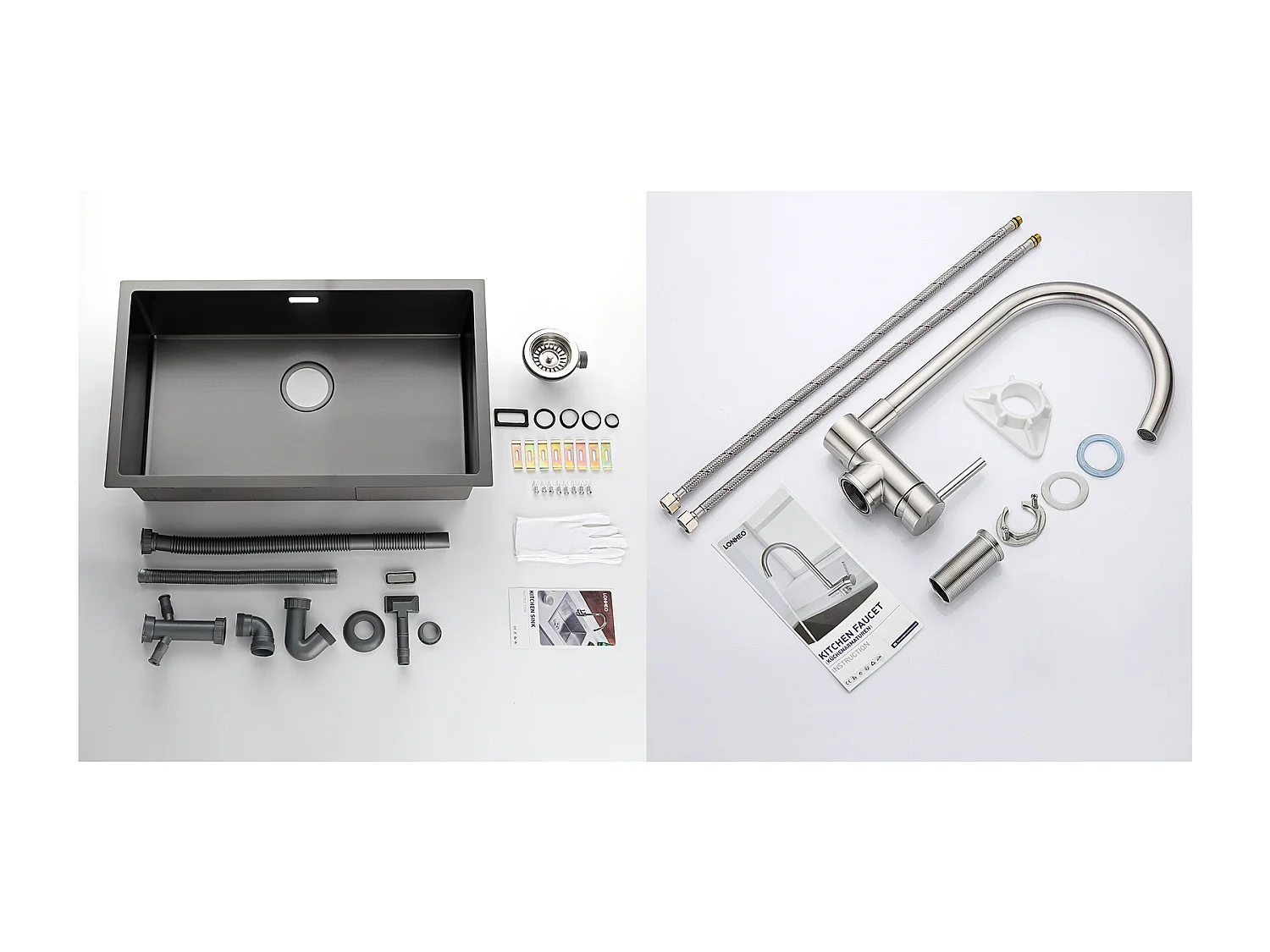 Fregadero Cocina 1 Bandeja 74*44*20CM,Inoxidable Cepillado con Sifón y Trop-Plein+Mezclador Cocina de Acero InOx 304 Plegable Girando 360°