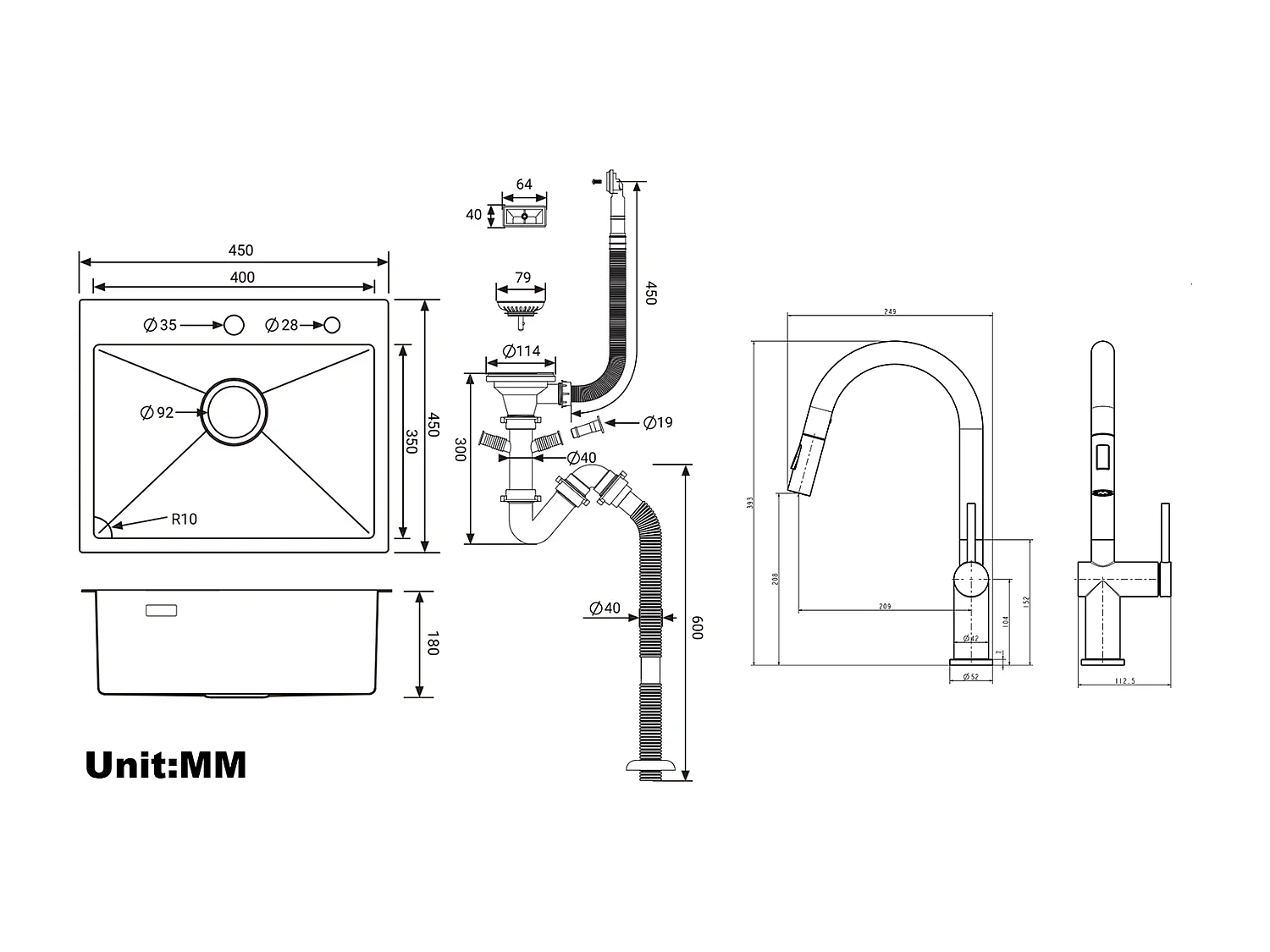 Évier Cuisine 1 Bac 45x45CM Acier Inoxydable 304 ,encastré et à Poser+robinet de cuisine rétractable à deux fonctions, chromé,EU Modèle