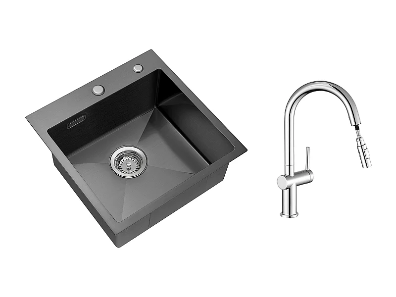 Évier Cuisine 1 Bac 45x45CM Acier Inoxydable 304 ,encastré et à Poser+robinet de cuisine rétractable à deux fonctions, chromé,EU Modèle