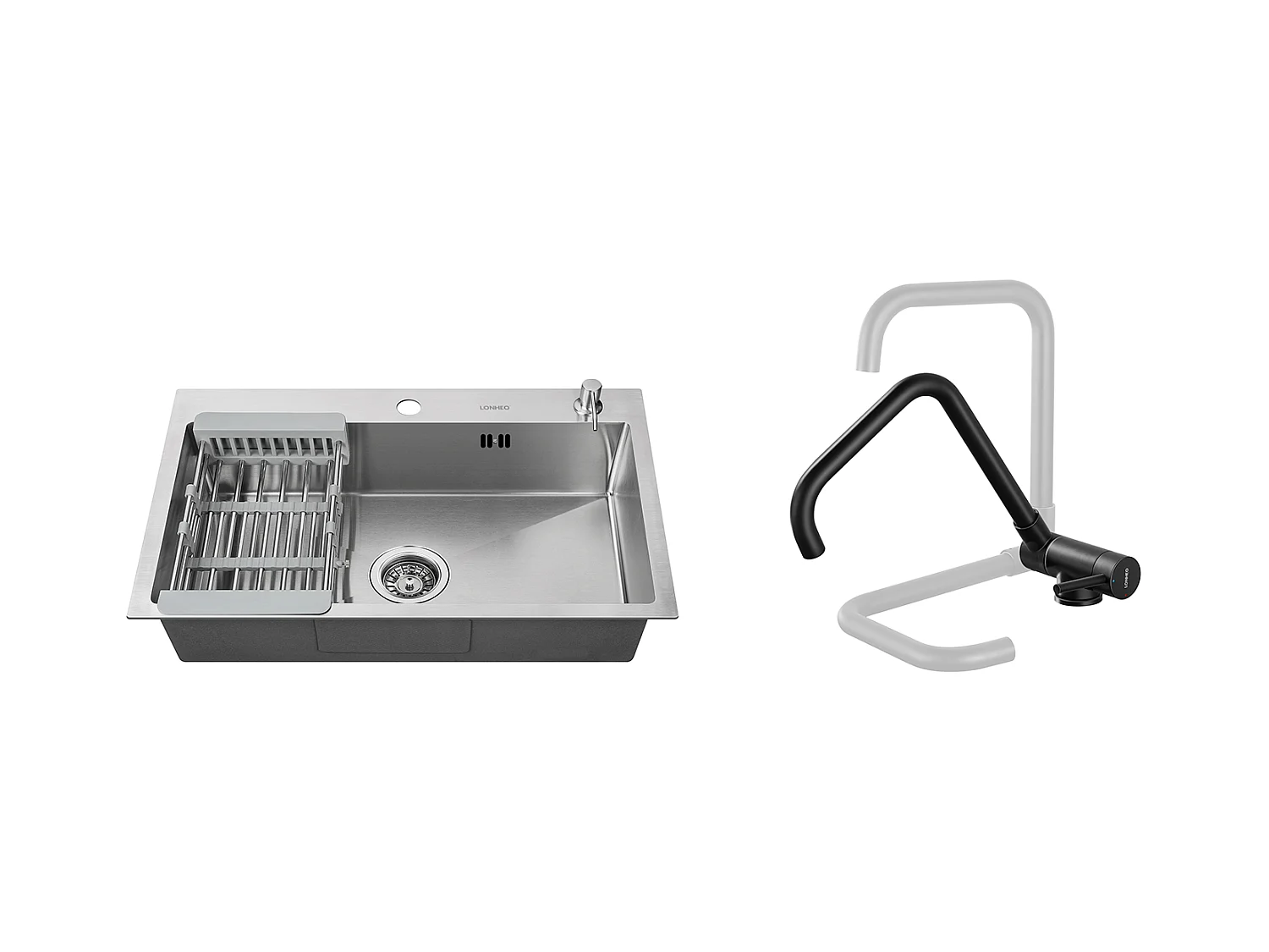 2 en1 Évier Cuisine Brossé 68x45x19CM avec Distrubuteur savon Égouttoir PanierRobinet de Cuisine Noir, Extractible Rotatif à 360 °, 2 Fonctions