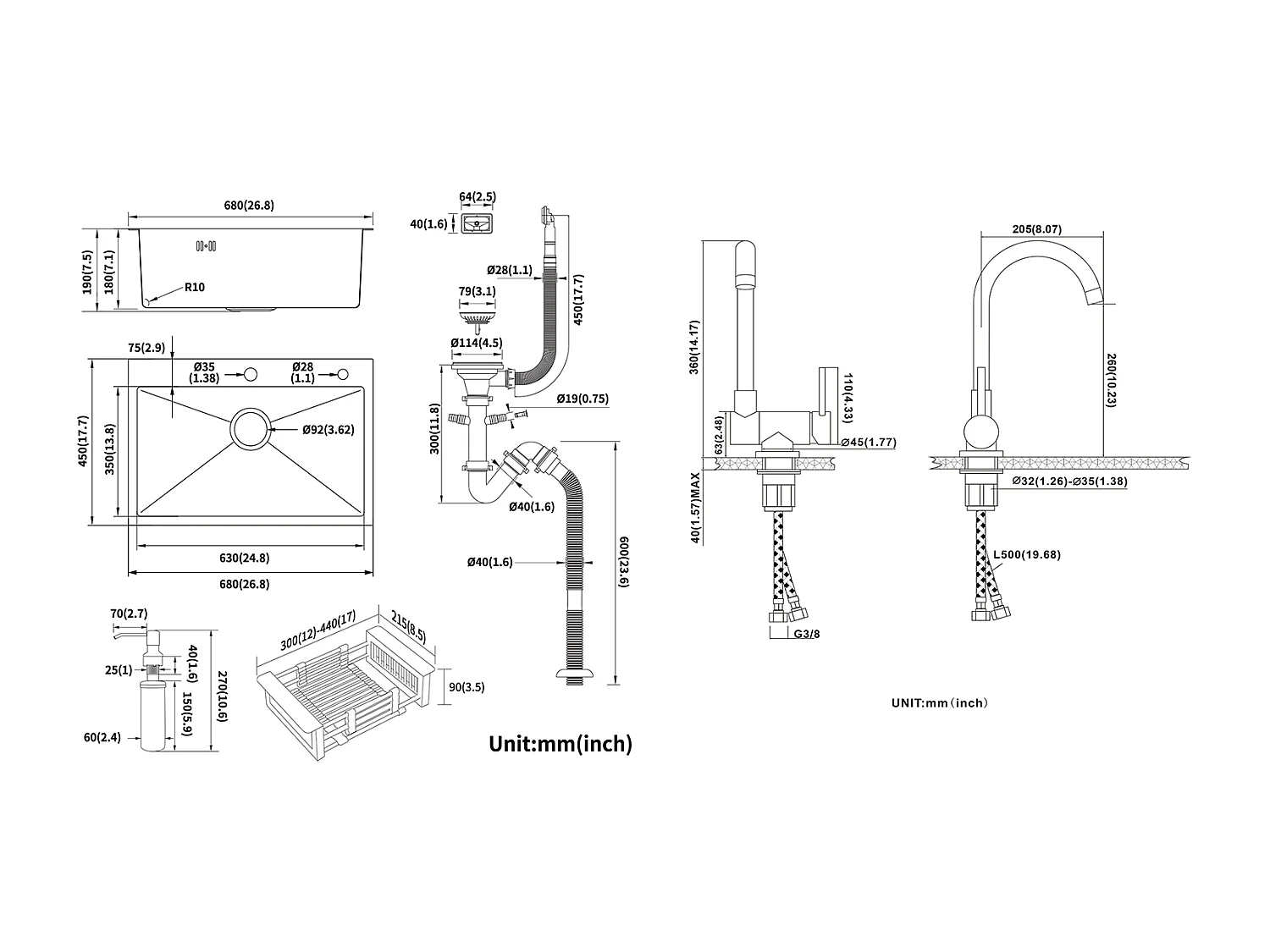 2 en1 Évier Cuisine Brossé 68x45x19CM avec Distrubuteur savon Égouttoir PanierRobinet de Cuisine Noir, Extractible Rotatif à 360 °, 2 Fonctions