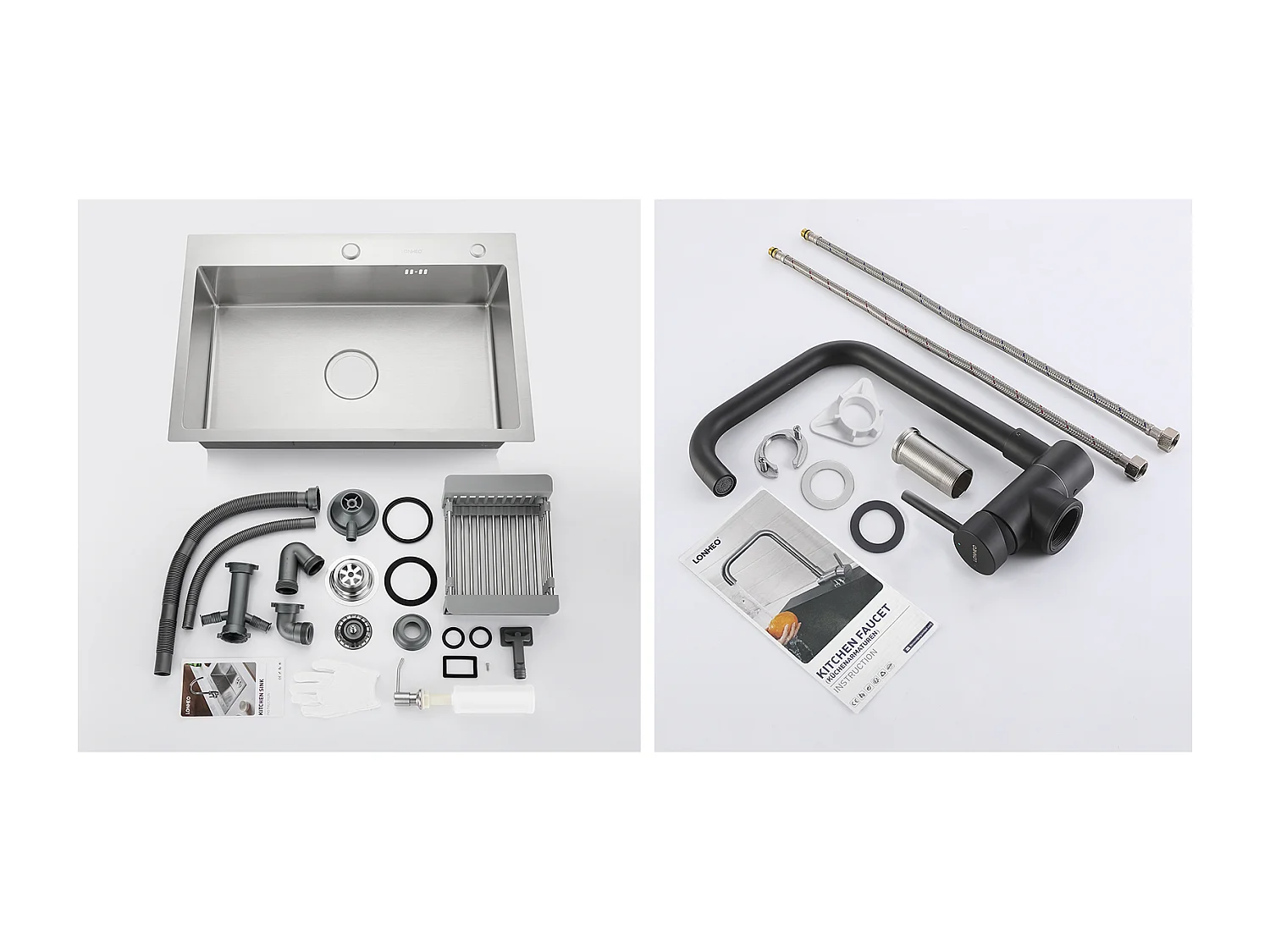 2 en1 Évier Cuisine Brossé 68x45x19CM avec Distrubuteur savon Égouttoir PanierRobinet de Cuisine Noir, Extractible Rotatif à 360 °, 2 Fonctions