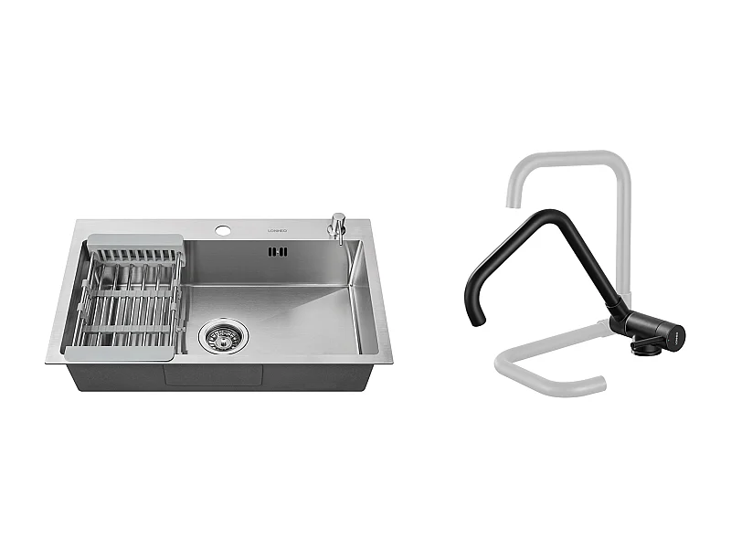 2 en1 Évier Cuisine Brossé 68x45x19CM avec Distrubuteur savon Égouttoir PanierRobinet de Cuisine Noir, Extractible Rotatif à 360 °, 2 Fonctions