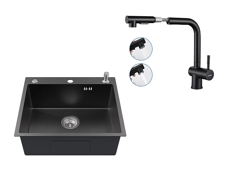 Evier Cuisine 1Bac 54*49*20 CM,en Inox,Noir Gris,Evier avec Distributeur Savon+Robinet Cuisine Douchette Extractible Deux Jets Pivotant 360°