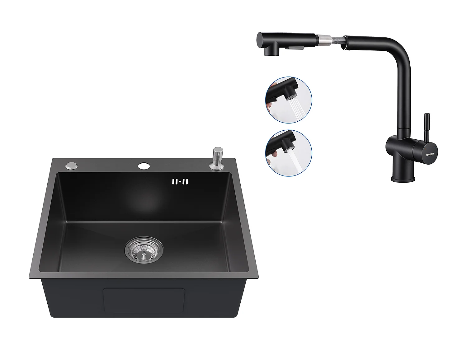 Evier Cuisine 1Bac 54*49*20 CM,en Inox,Noir Gris,Evier avec Distributeur Savon+Robinet Cuisine Douchette Extractible Deux Jets Pivotant 360°