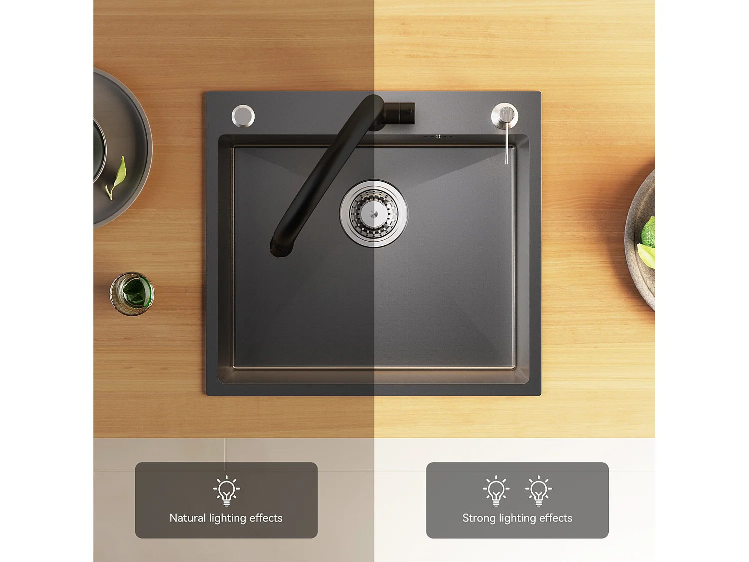 Evier Cuisine 1Bac 54*49*20 CM,en Inox,Noir Gris,Evier avec Distributeur Savon+Robinet Cuisine Douchette Extractible Deux Jets Pivotant 360°