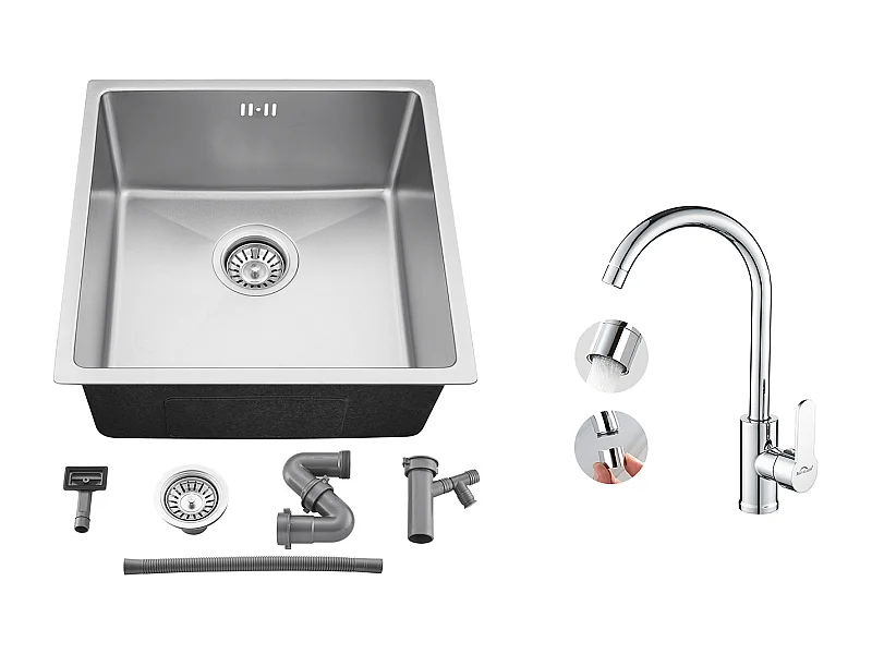 Évier Encastré 44x44x20CM- Évier de Cuisine 1 Bac en Acier Inoxydable 304,Argent+Elégant Mitigeur de Cuisine Chromé,Pivotant 360°