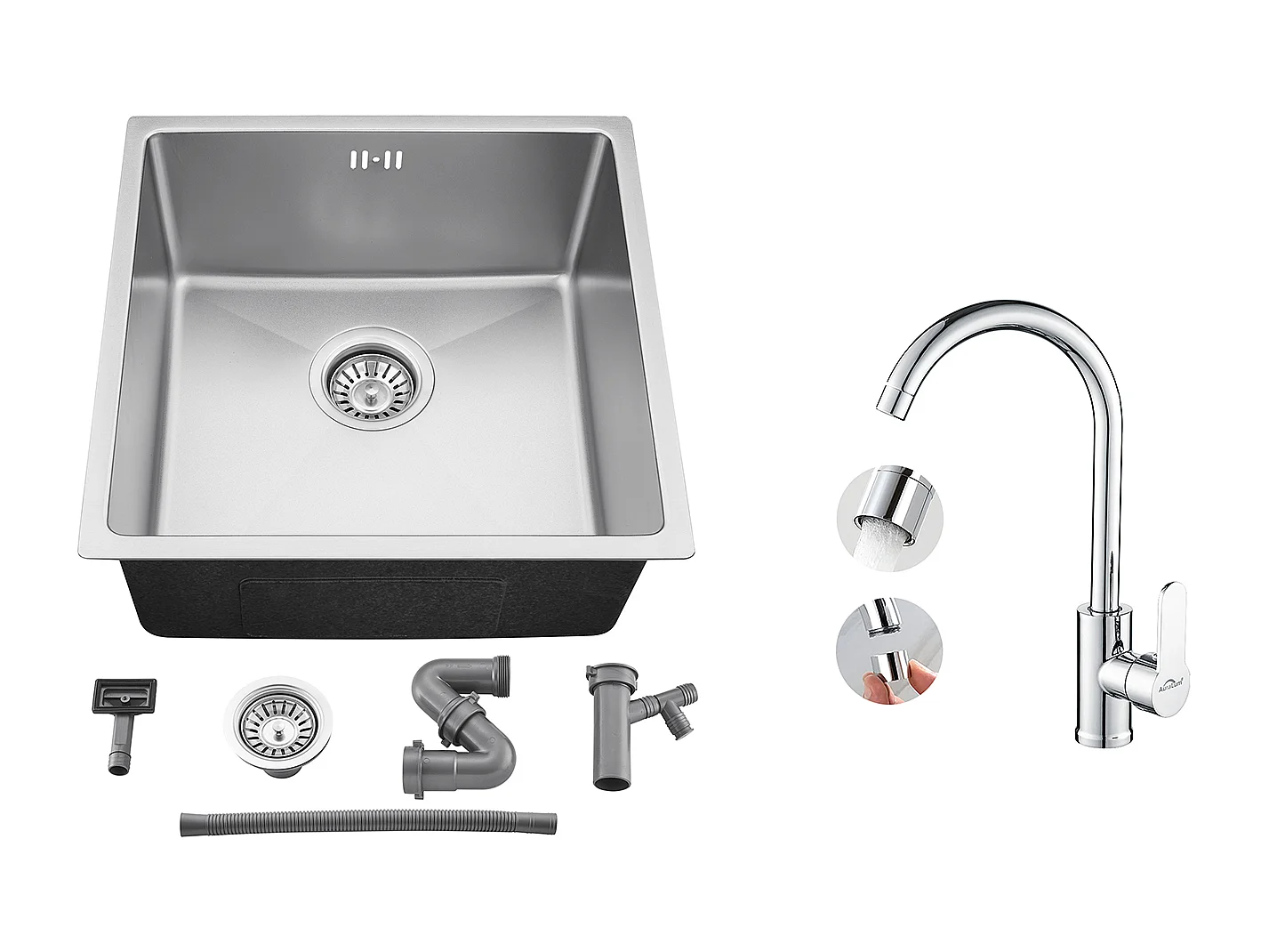 Évier Encastré 44x44x20CM- Évier de Cuisine 1 Bac en Acier Inoxydable 304,Argent+Elégant Mitigeur de Cuisine Chromé,Pivotant 360°