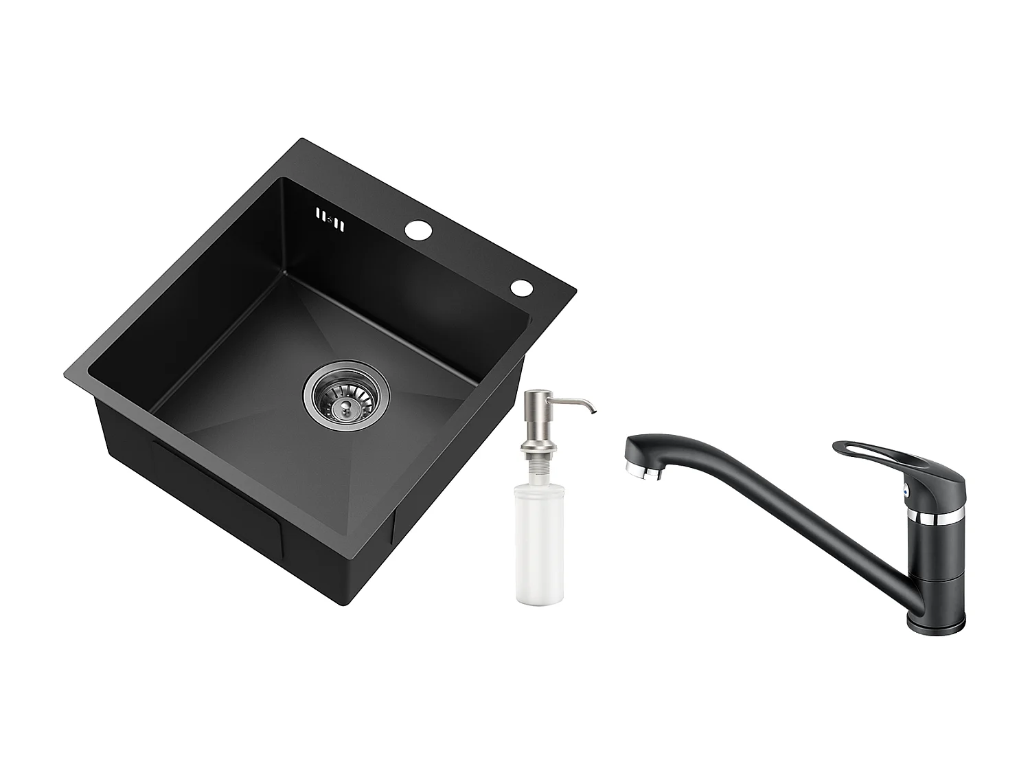 Évier Cuisine 1 Bac Gris-Noir,44*49*20 CM,avec Distributeur Savon,Inox,à encastré/à Poser+Robinet Cuisine,Orientable 360°,Eau Chaude/Froide,Noir