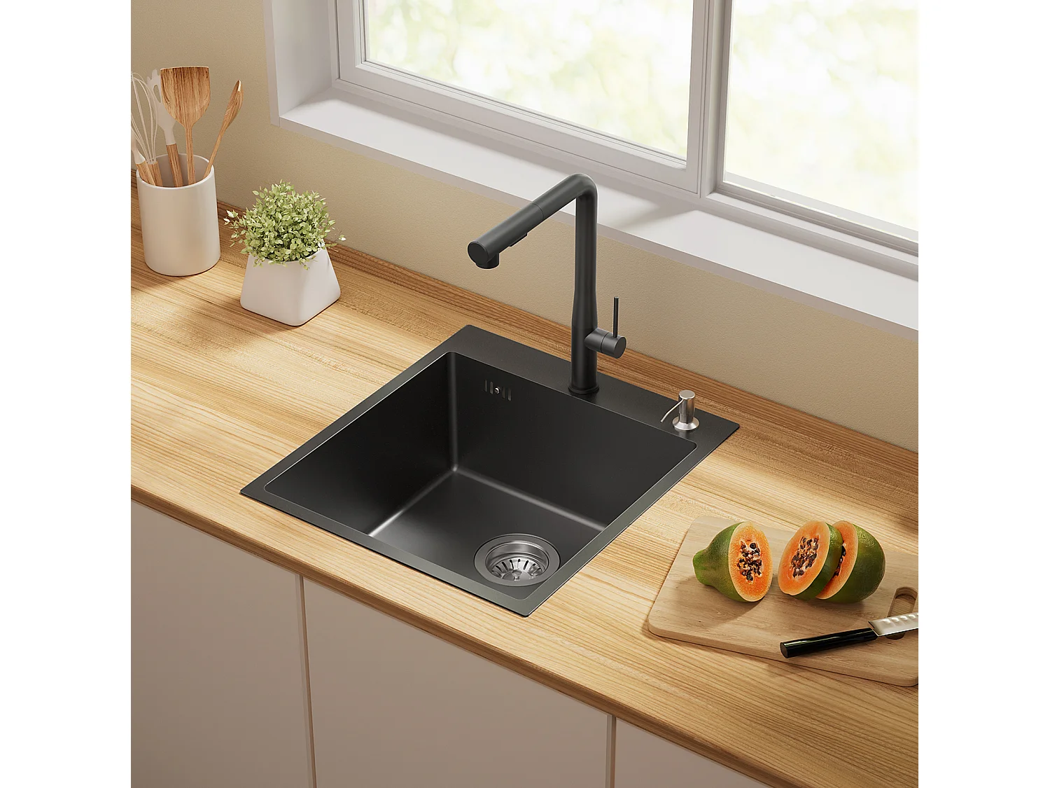 Évier Cuisine 1 Bac Gris-Noir,44*49*20 CM,avec Distributeur Savon,Inox,à encastré/à Poser+Robinet Cuisine,Orientable 360°,Eau Chaude/Froide,Noir