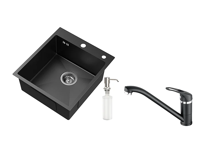 Évier Cuisine 1 Bac Gris-Noir,44*49*20 CM,avec Distributeur Savon,Inox,à encastré/à Poser+Robinet Cuisine,Orientable 360°,Eau Chaude/Froide,Noir