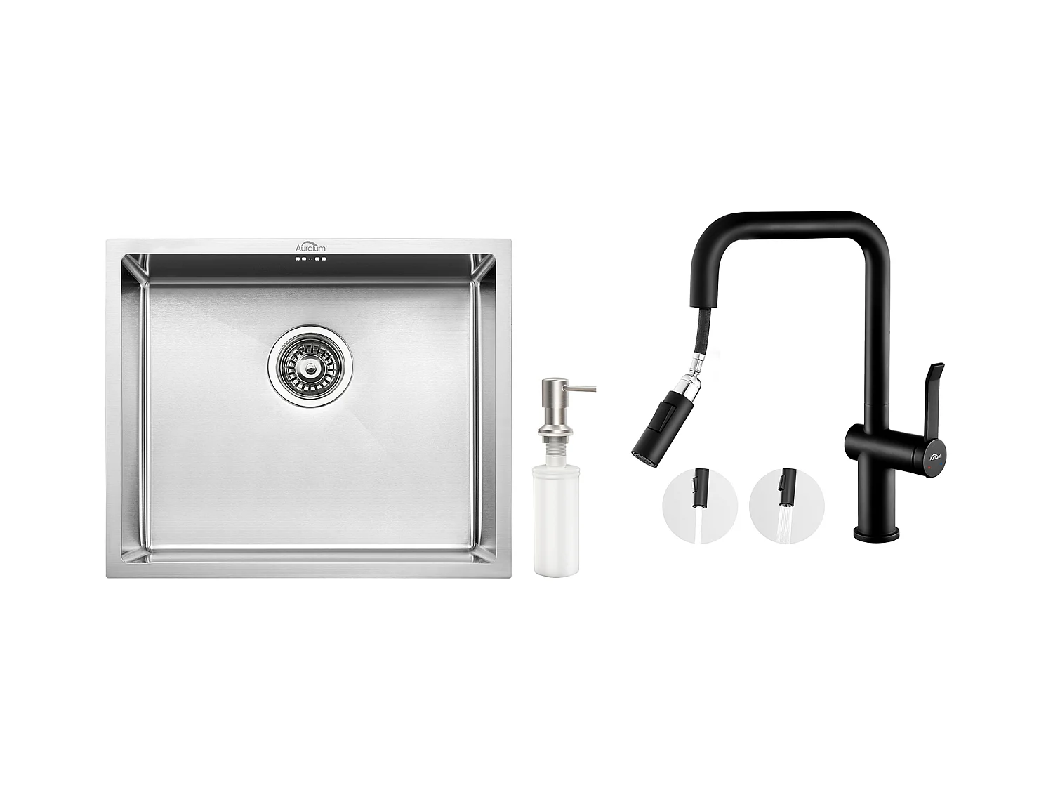 Évier de Cuisine Inox 1 Bac 50*43*18CM avec Distributeur de Savon+Robinet Cuisine avec Douchette Extractible Rotatif 360 °2 Fonctions, Noir