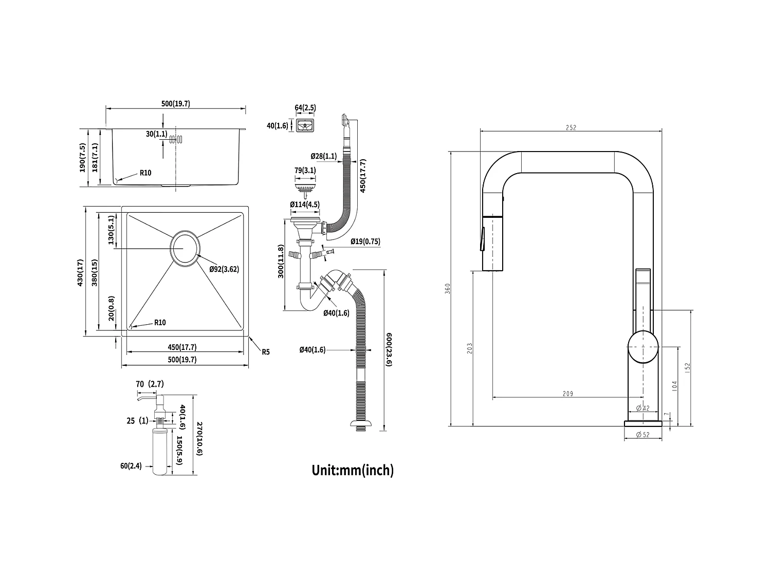 Évier de Cuisine Inox 1 Bac 50*43*18CM avec Distributeur de Savon+Robinet Cuisine avec Douchette Extractible Rotatif 360 °2 Fonctions, Noir