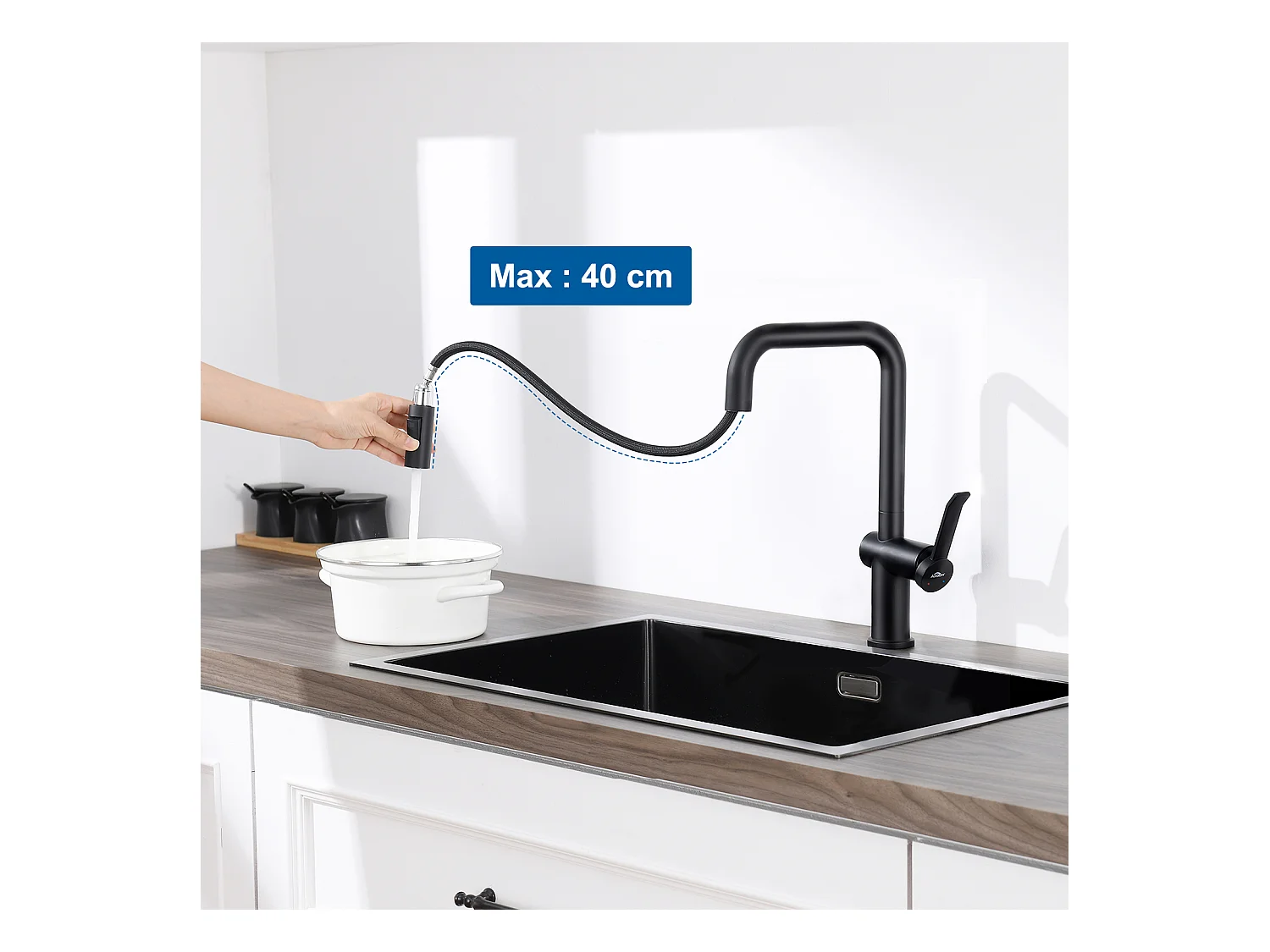 Évier de Cuisine Inox 1 Bac 50*43*18CM avec Distributeur de Savon+Robinet Cuisine avec Douchette Extractible Rotatif 360 °2 Fonctions, Noir