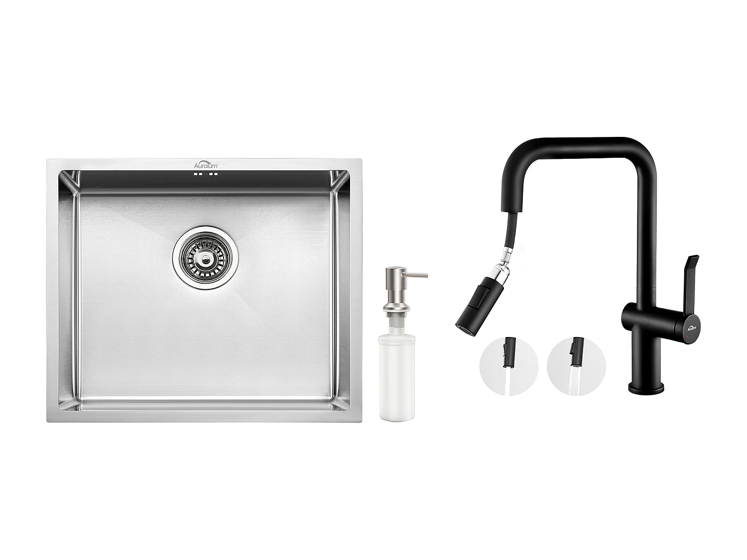 RVS Aanrecht 1 Bak 50*43*18CM met Zeepdispenser + Keukenkraan met Uittrekbare Handdouche 360 °2 Functies, Zwart