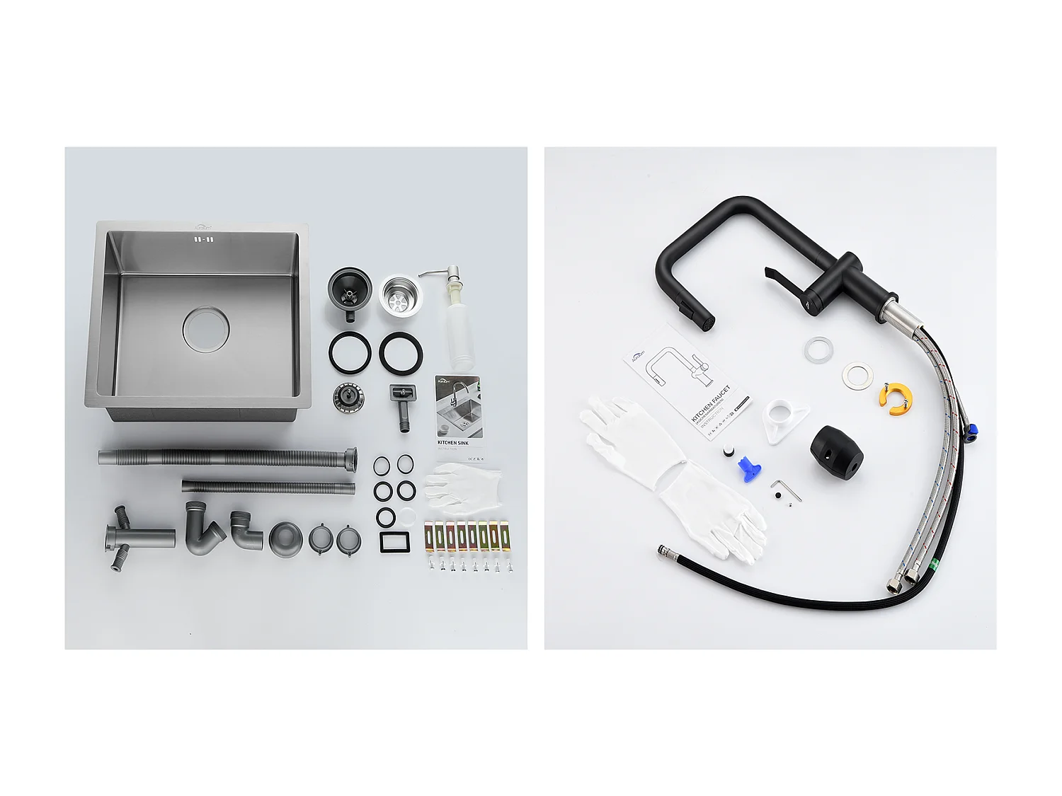 RVS Aanrecht 1 Bak 50*43*18CM met Zeepdispenser + Keukenkraan met Uittrekbare Handdouche 360 °2 Functies, Zwart