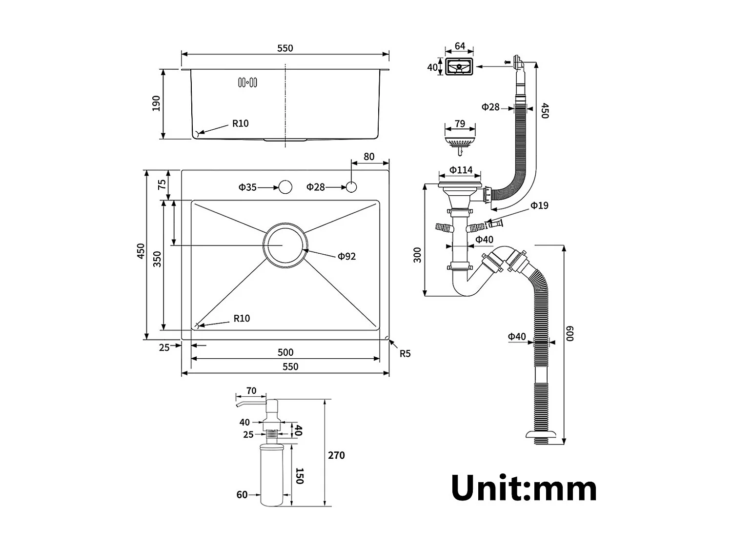 AURALUM MAX Lavello Cucina 1 Vassoio 55*45CM Lavello da incasso e da posare con distributore di sapone