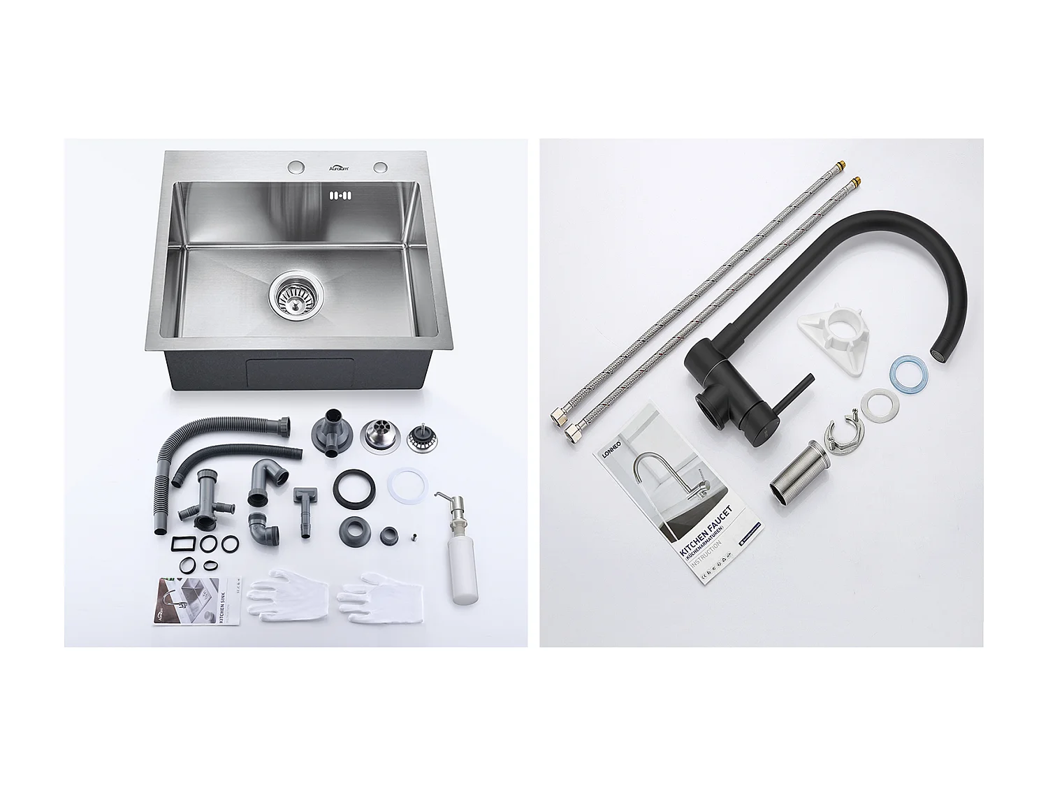 55 x 45 cm Einzelbecken-Küchenspüle, Unterbau-/Aufsatzspüle mit Seifenspender + Küchenmischbatterie aus Edelstahl 304, 360° schwenkbar, EU-Modell