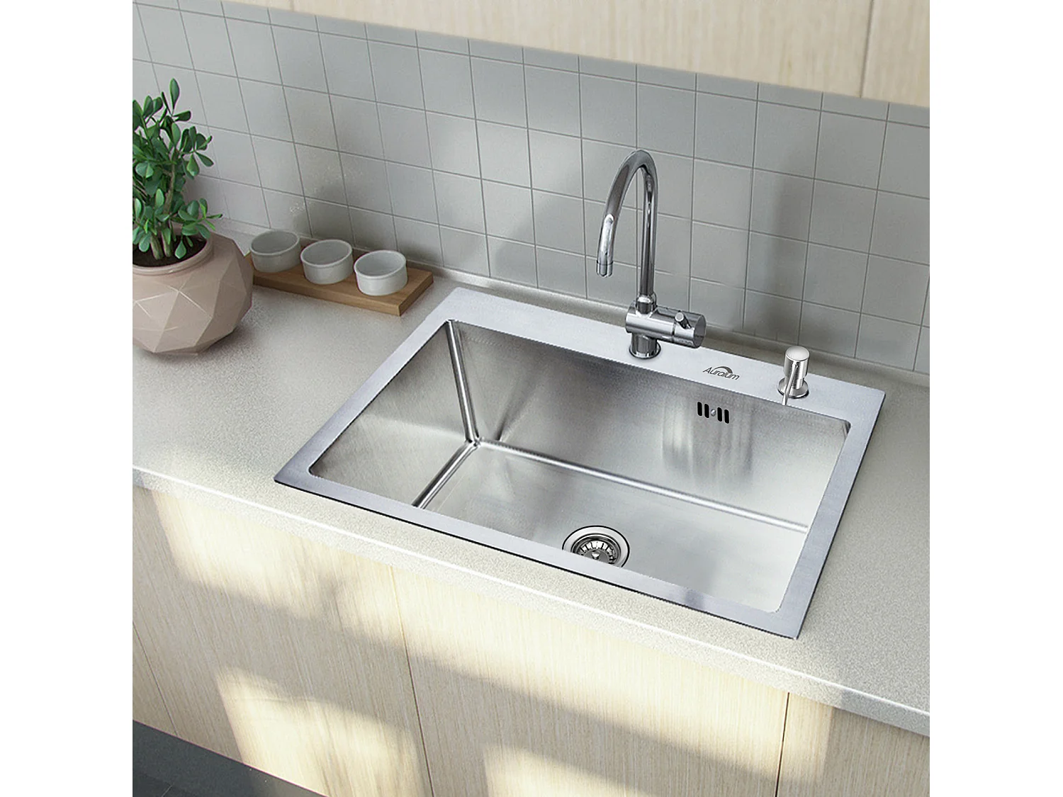 55 x 45 cm Einzelbecken-Küchenspüle, Unterbau-/Aufsatzspüle mit Seifenspender + Küchenmischbatterie aus Edelstahl 304, 360° schwenkbar, EU-Modell