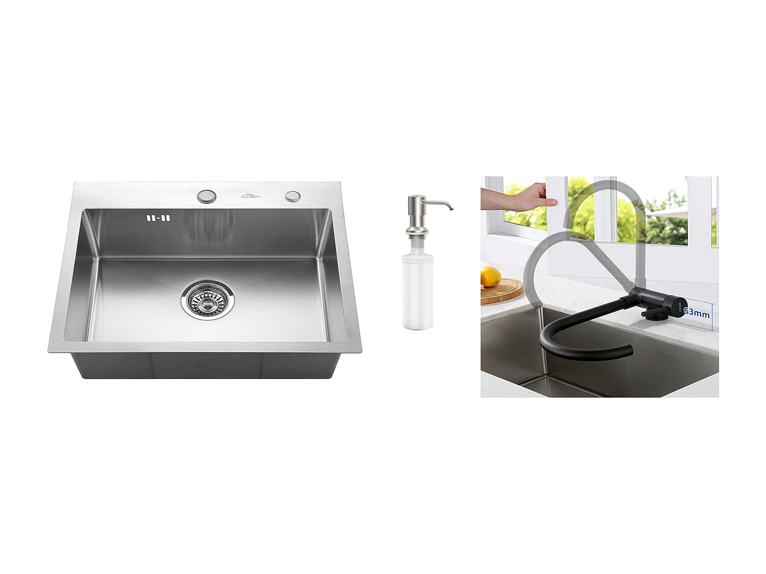 Aanrecht 1 Bak 55*45CM Inbouw/Opzetbare Spoelbak met Zeepdispenser+Mengkraan RVS 304 Neerklapbaar Draaibaar 360°,EU Model