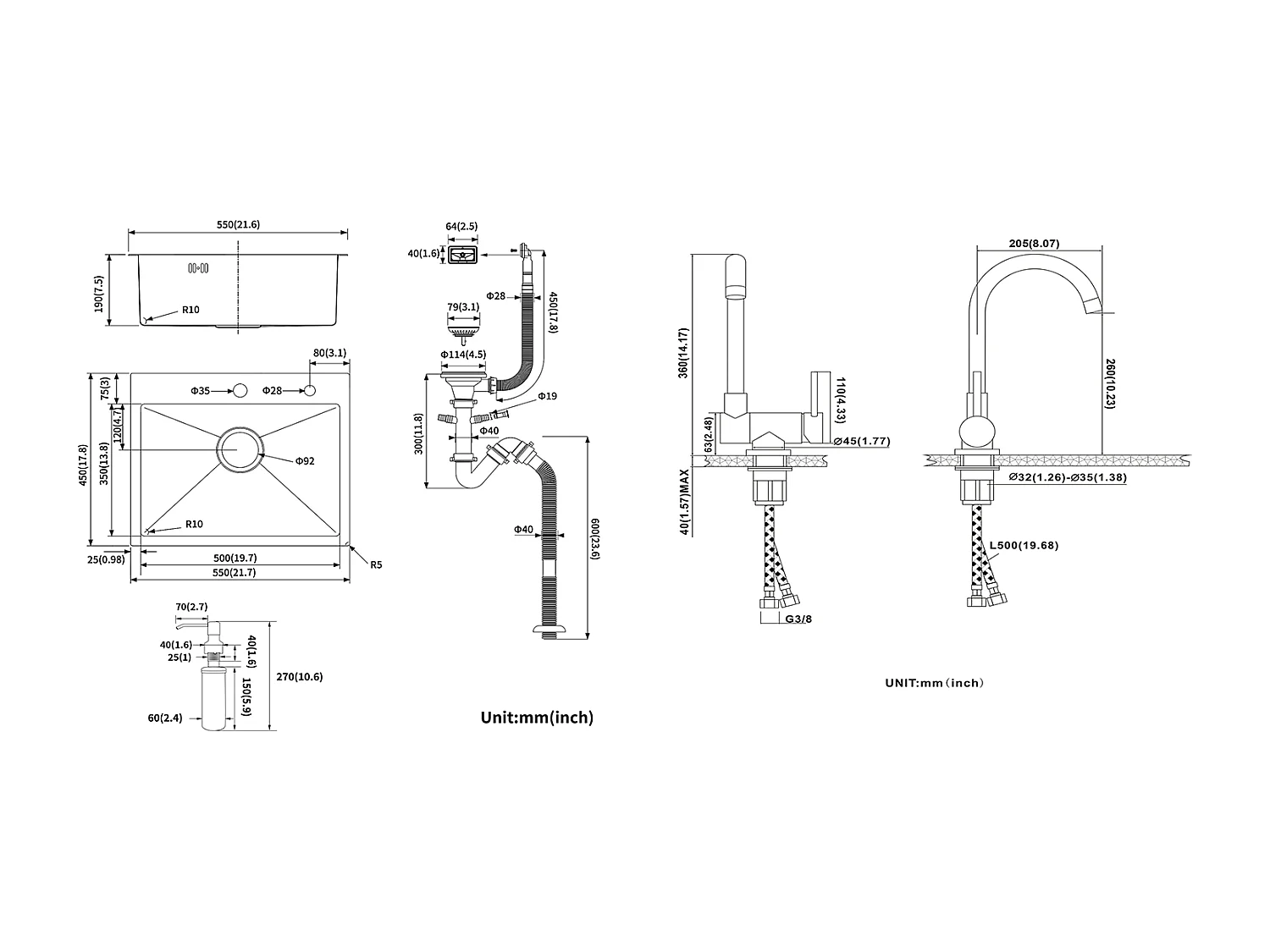 Aanrecht 1 Bak 55*45CM Inbouw/Opzetbare Spoelbak met Zeepdispenser+Mengkraan RVS 304 Neerklapbaar Draaibaar 360°,EU Model