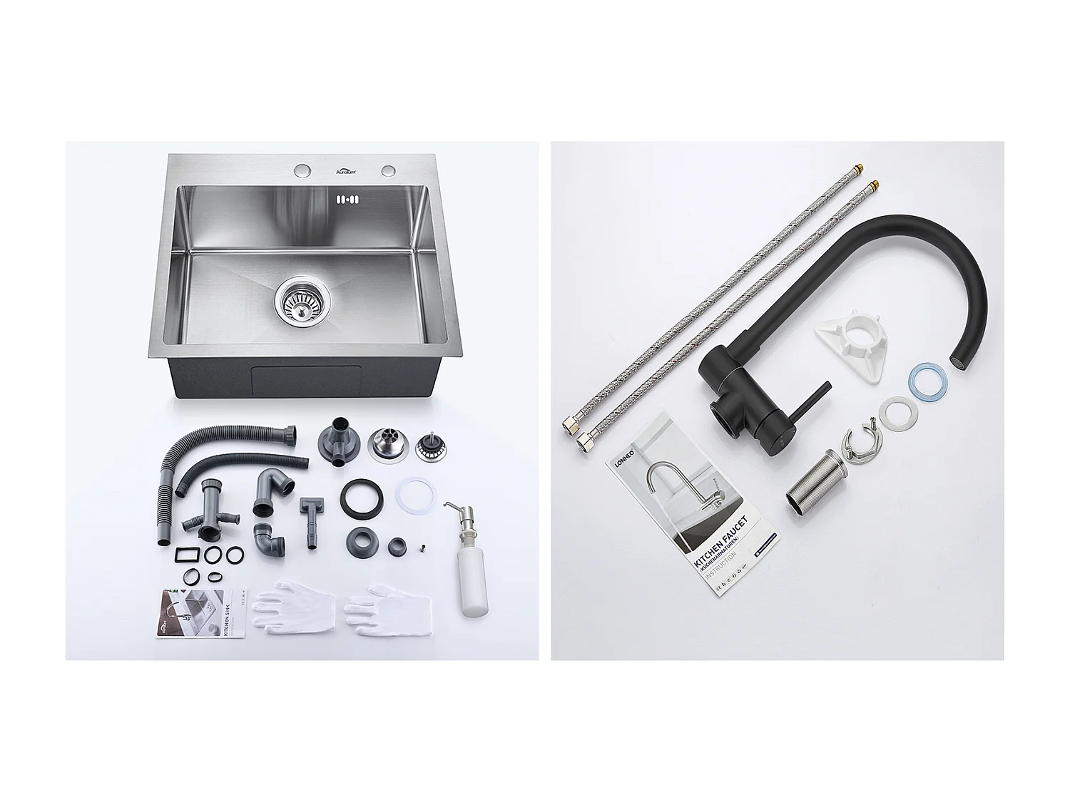 Aanrecht 1 Bak 55*45CM Inbouw/Opzetbare Spoelbak met Zeepdispenser+Mengkraan RVS 304 Neerklapbaar Draaibaar 360°,EU Model