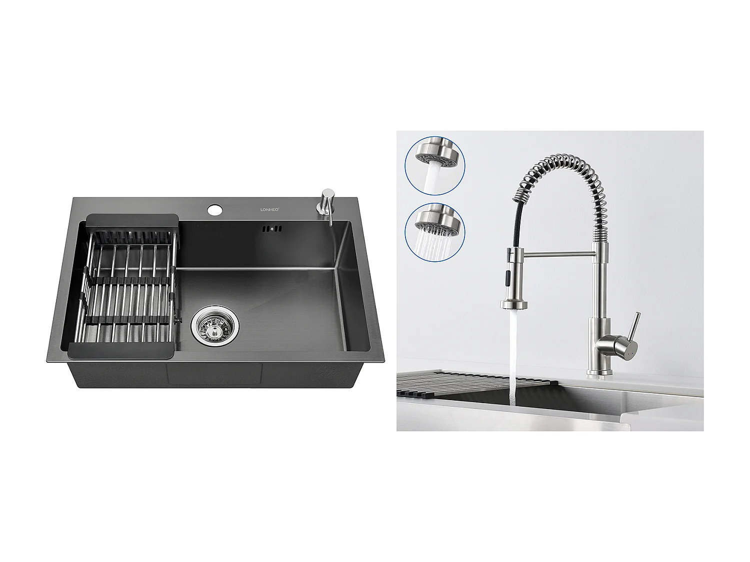 2en1 Évier Cuisine Noir 68x45x19CM avec Distrubuteur savon /Égouttoir panier+Robinet Cuisine à Ressort avec Douchette Extensible,2 Modes,Brossé