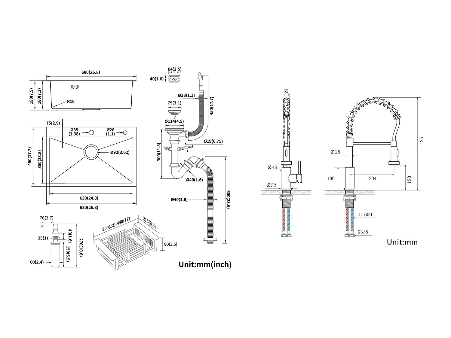 2en1 Évier Cuisine Noir 68x45x19CM avec Distrubuteur savon /Égouttoir panier+Robinet Cuisine à Ressort avec Douchette Extensible,2 Modes,Brossé