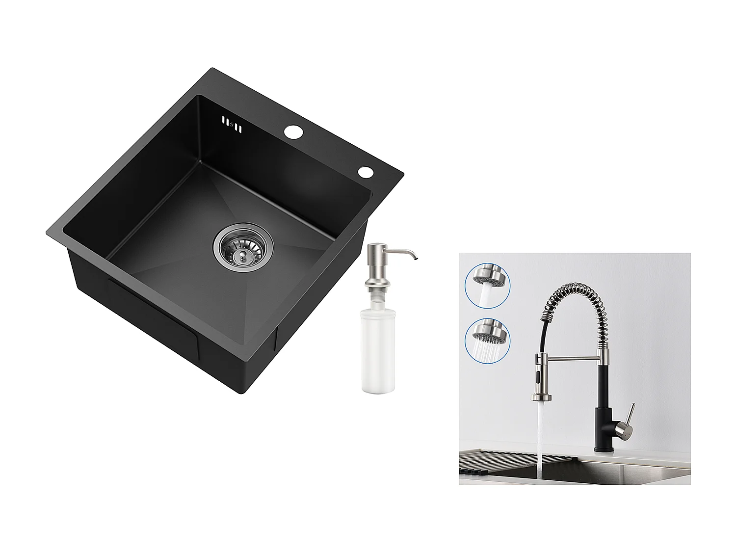 Schwarzes 1-Becken-Spülbecken, Edelstahl, 44 x 49 x 20 cm, mit Seifenspender, + Feder-Küchenarmatur mit ausziehbarem Sprüher, 2 Modi, Schwarz