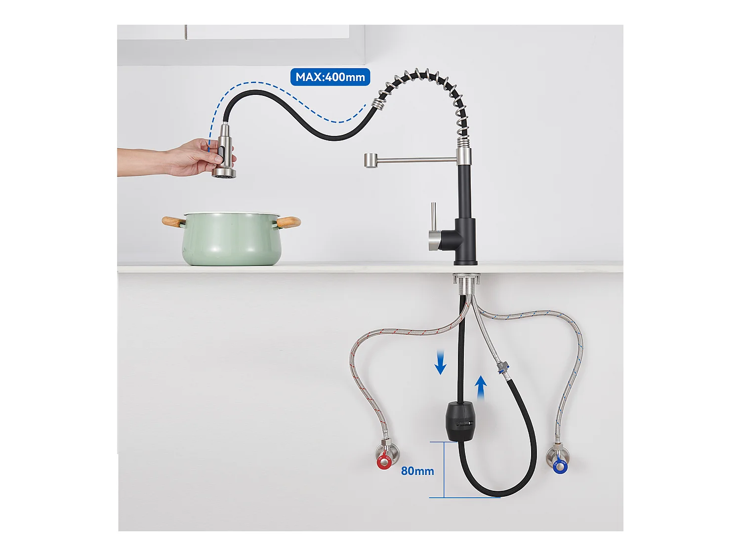 Schwarzes 1-Becken-Spülbecken, Edelstahl, 44 x 49 x 20 cm, mit Seifenspender, + Feder-Küchenarmatur mit ausziehbarem Sprüher, 2 Modi, Schwarz