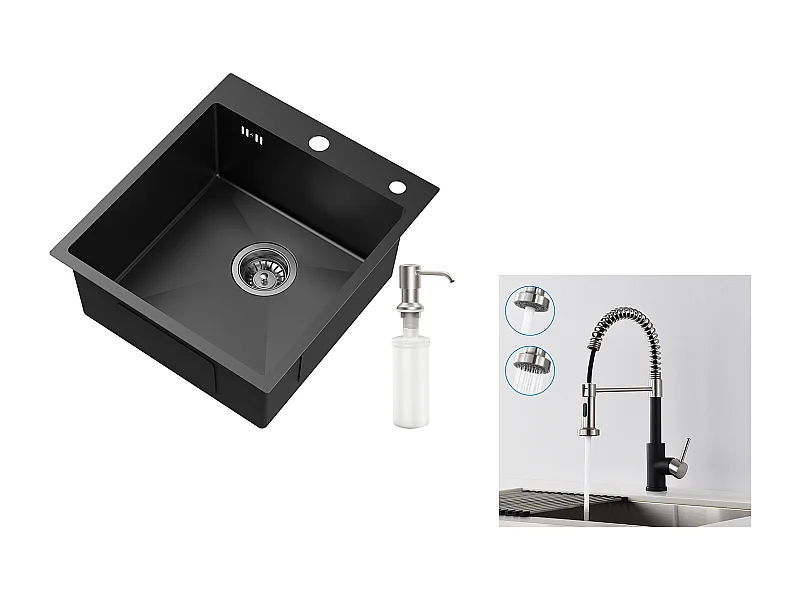 Lavello da Cucina 1 vasca  Nero, Inox, 44*49*20 CM, con Distributore di Sapone, + Rubinetto da Cucina A Molla con Doccia Estensibile, Nero