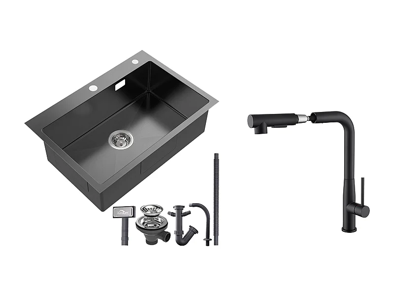 Évier Cuisine 1 Bac Inox Noir 65x45CM,encastré/à Poser+Robinet Cuisine avec Douchette Extractible Rotatif 360°,Eau Chaude/Froide,Noir