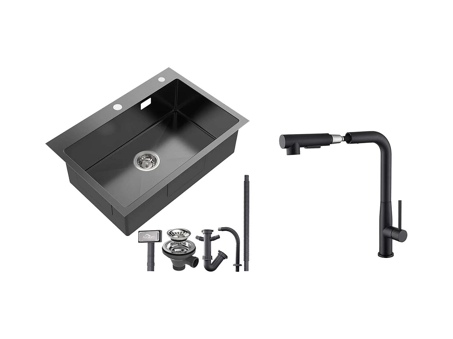 Lavello Cucina 1 Vassoio Inox Nero 65x45CM, incassato/da Posare+Rubinetto Cucina con Doccia ExtraCtible Rotativo 360°,Acara Calda/Fredda,Nero