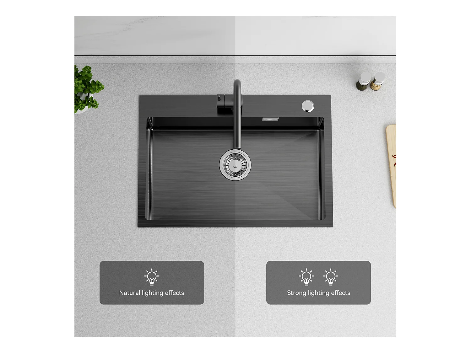 Lavello Cucina 1 Vassoio Inox Nero 65x45CM, incassato/da Posare+Rubinetto Cucina con Doccia ExtraCtible Rotativo 360°,Acara Calda/Fredda,Nero