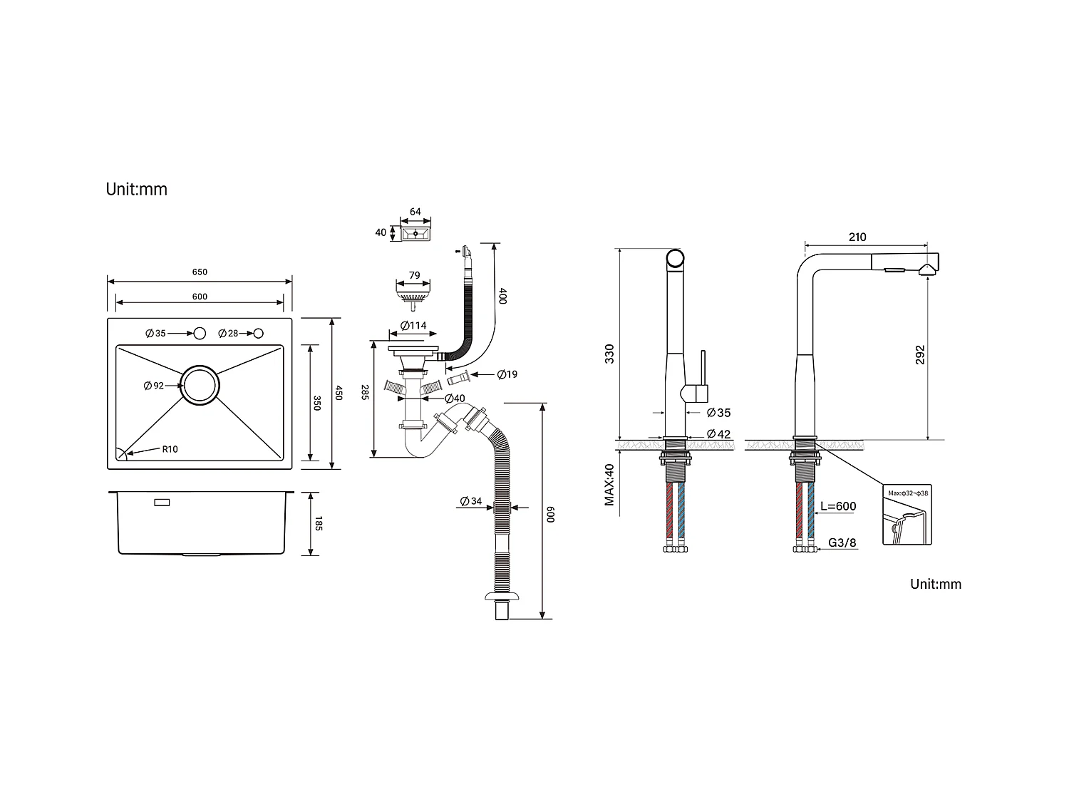 Lavello Cucina 1 Vassoio Inox Nero 65x45CM, incassato/da Posare+Rubinetto Cucina con Doccia ExtraCtible Rotativo 360°,Acara Calda/Fredda,Nero
