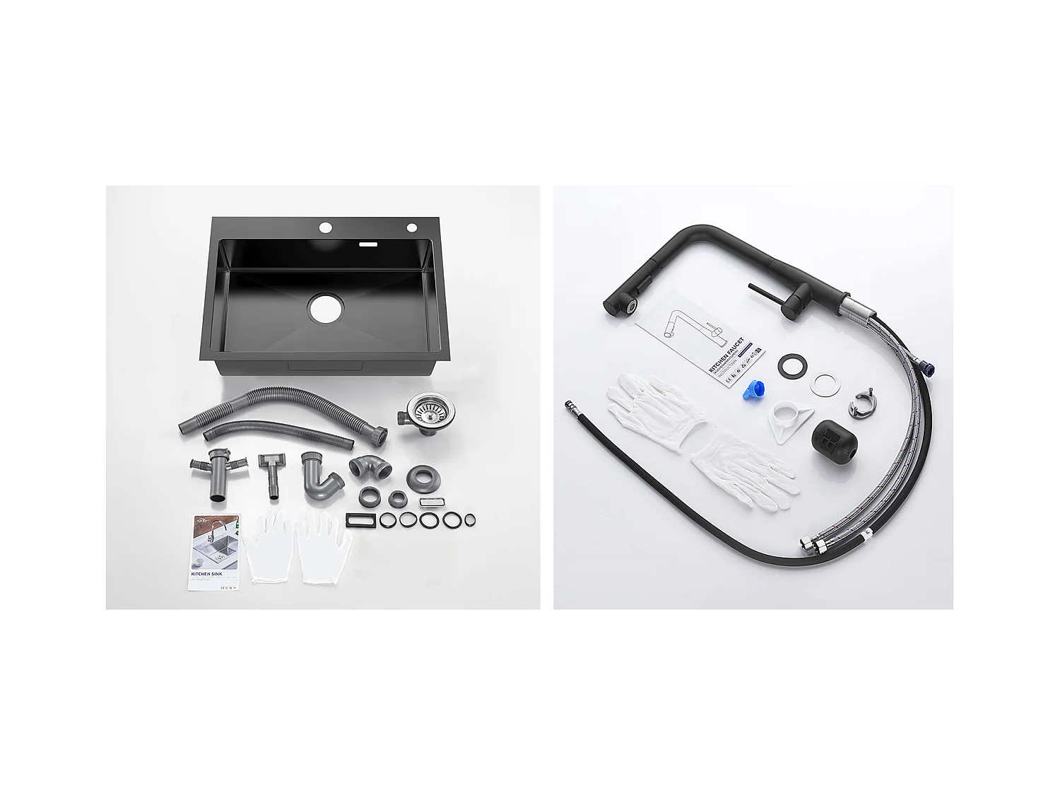 Lavello Cucina 1 Vassoio Inox Nero 65x45CM, incassato/da Posare+Rubinetto Cucina con Doccia ExtraCtible Rotativo 360°,Acara Calda/Fredda,Nero