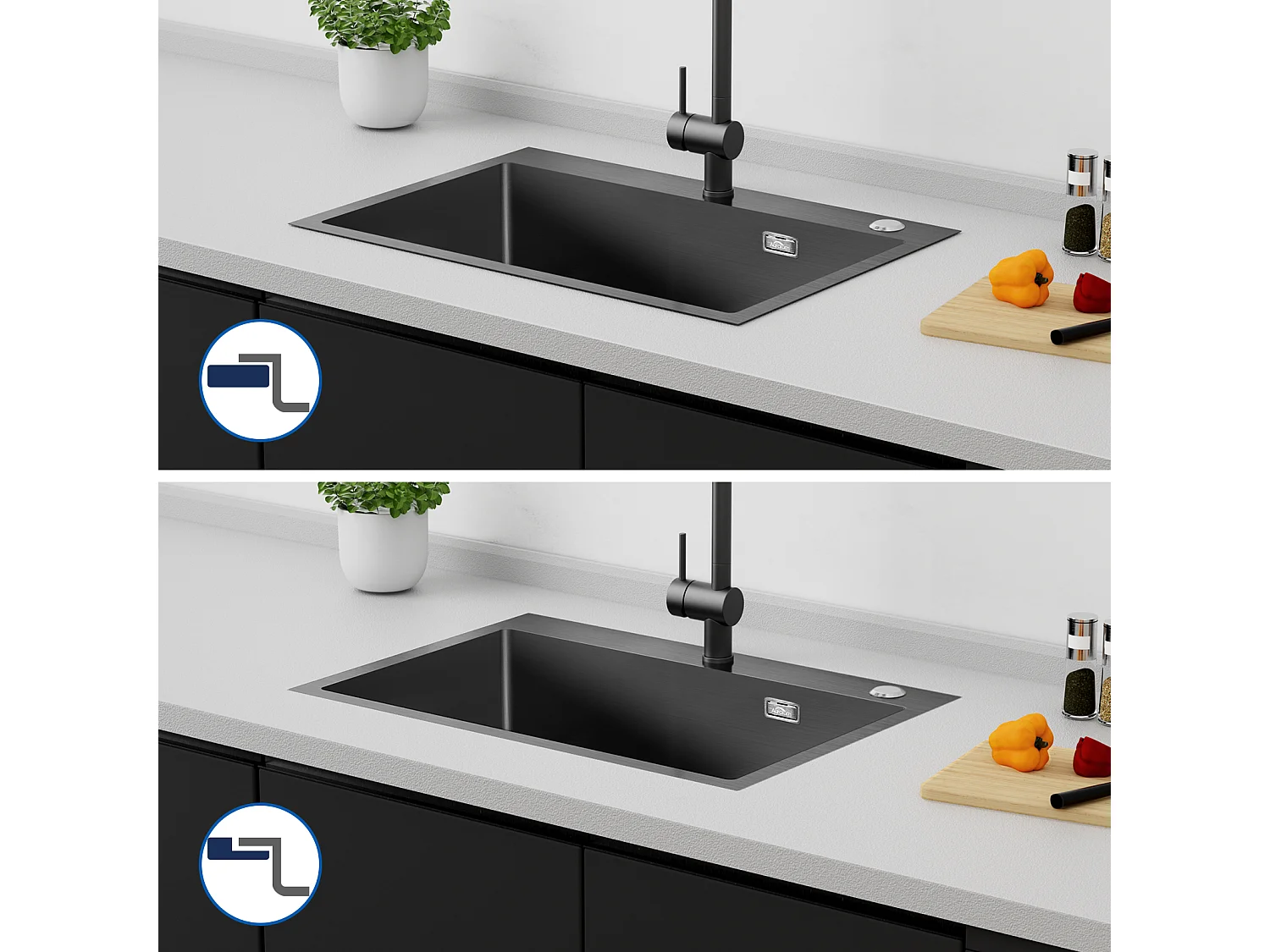 Aanrecht Keuken1 roestvrijstalen bak zwart 65x45CM, inbouw/opzetbaar + keukenkraan met 360° draaibare uittrekbare douche, warm/koud water, zwart